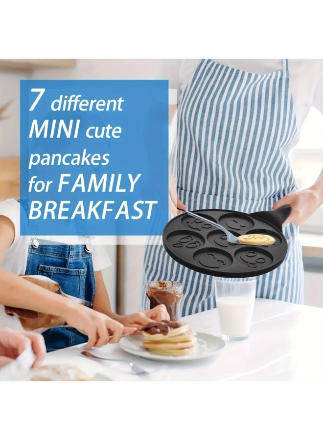 مقلاة غير لاصقة بسبعة ثقوب، مثالية لتحضير الفطائر والبيض واللحوم والخضراوات. تصميم مرح وجذاب، مناسبة لوجبات العائلة. مزودة بمقبض مقاوم للحرارة، لون أسود. - Image 5